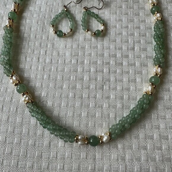 VTG Necklace 22" Match Earring Set Green Jade Twisted Pearl Gold Plate Beads - Picture 2 of 10